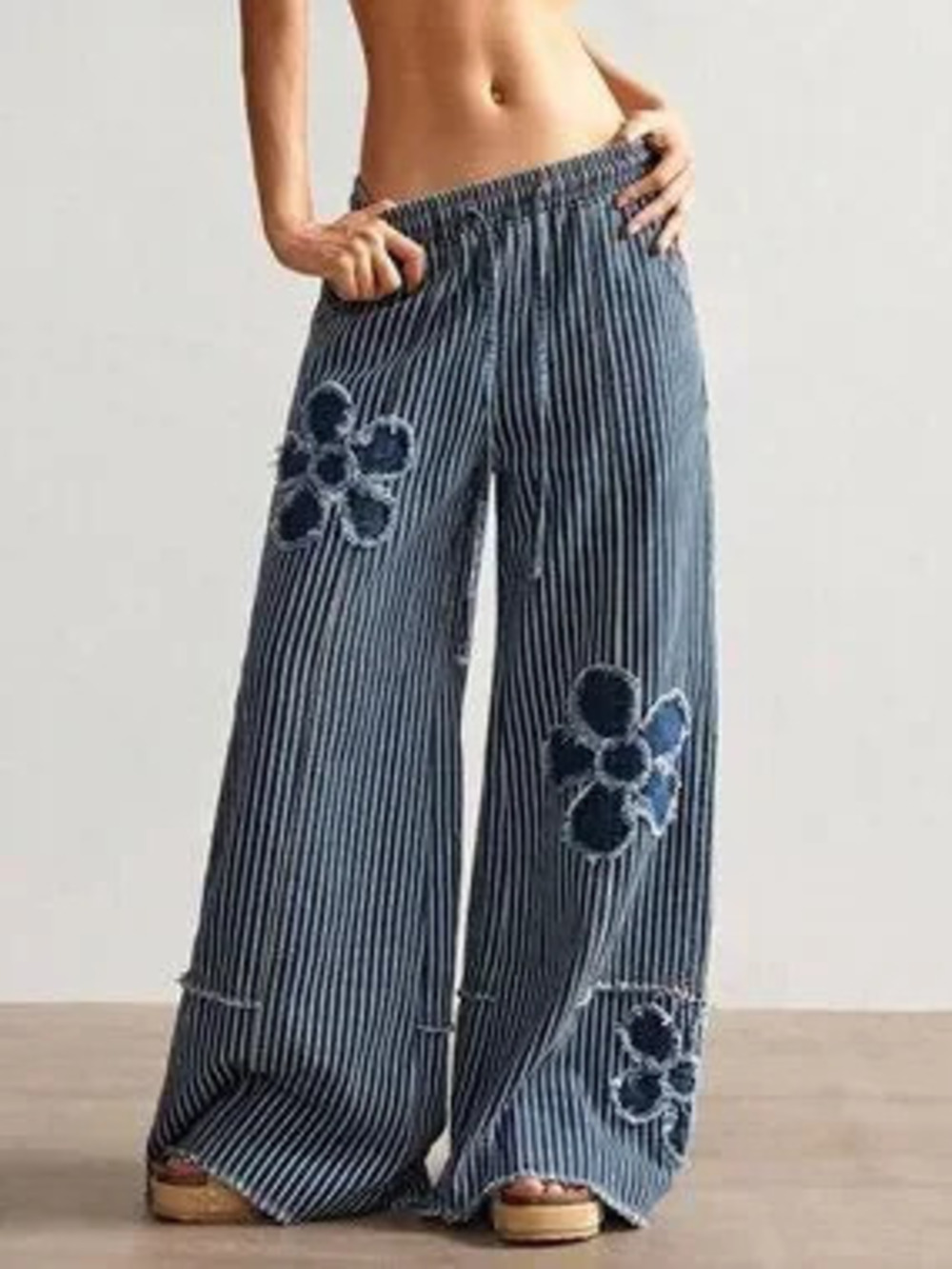 Blue And White Casual Women's Woven Denim Polka Dot Loose Wide Leg Long Pants